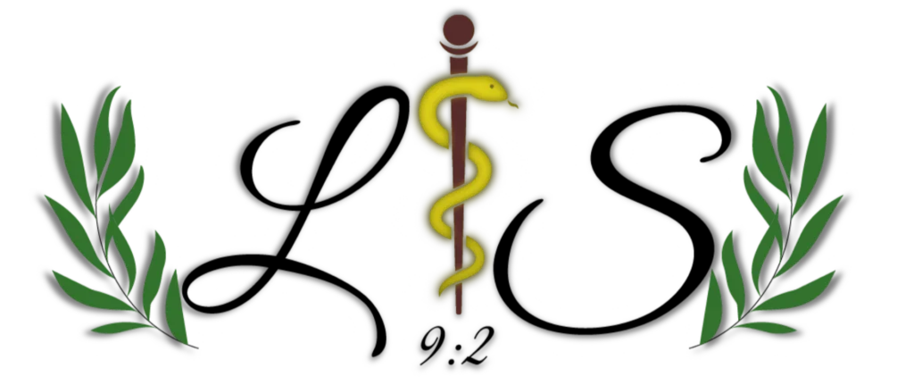 Logo with stylized letters L and S flanking a medical caduceus symbol with laurel branches, featuring text 9:2 below